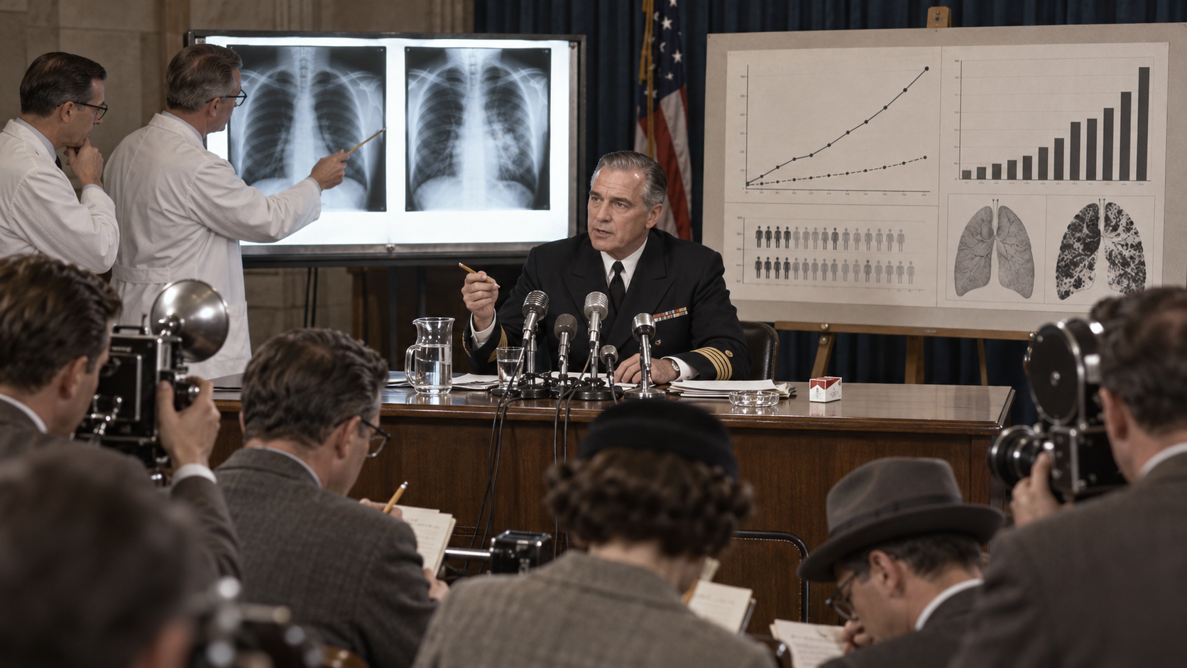 AI-generated reconstruction of a 1957 public-health briefing on cigarette smoking and lung cancer; not an archival photograph.