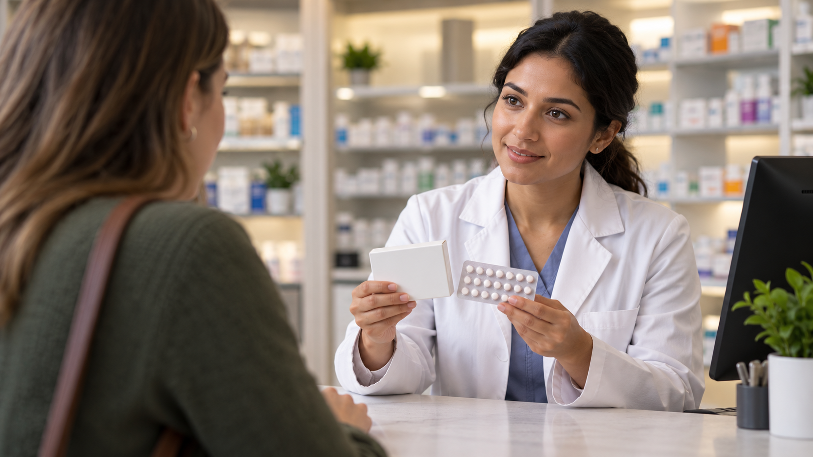 AI-generated reconstruction of a pharmacist presenting a nonprescription daily contraceptive in 2023; not an archival photograph.
