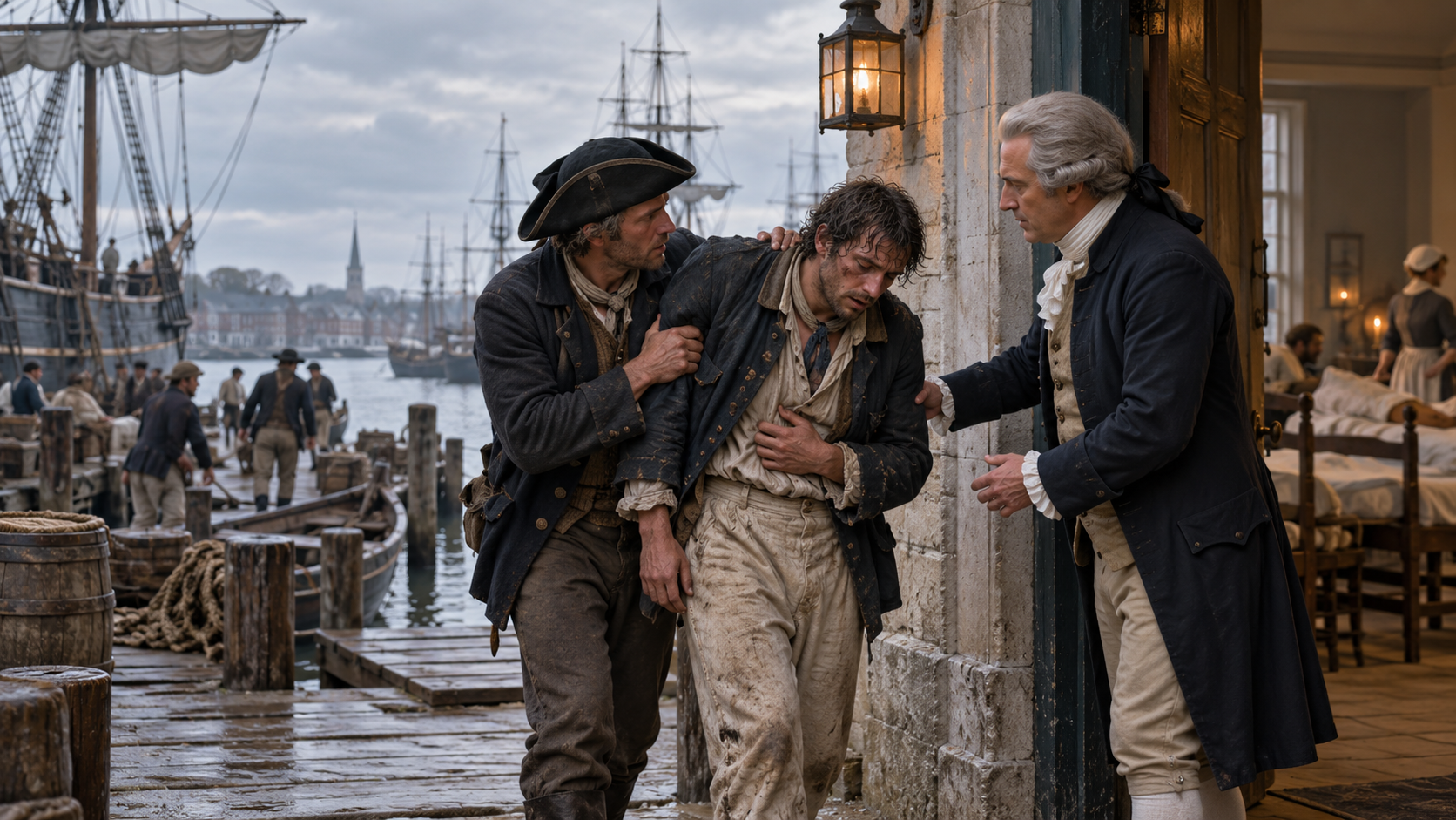 AI-generated reconstruction of a 1798 port physician receiving an injured merchant seaman; not an archival photograph.