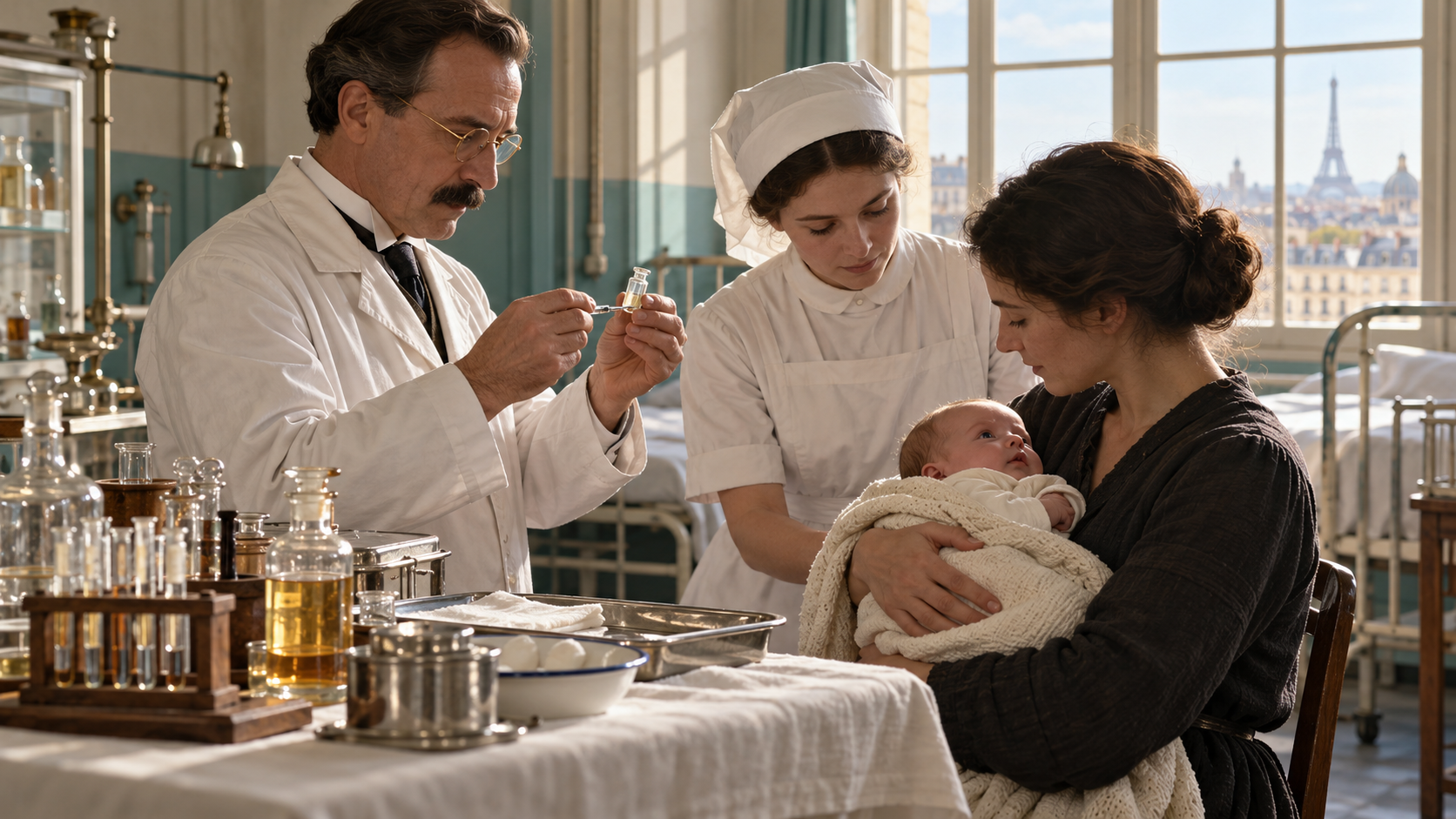 AI-generated reconstruction of a Paris physician preparing the first BCG vaccination for a newborn in 1921; not an archival photograph.