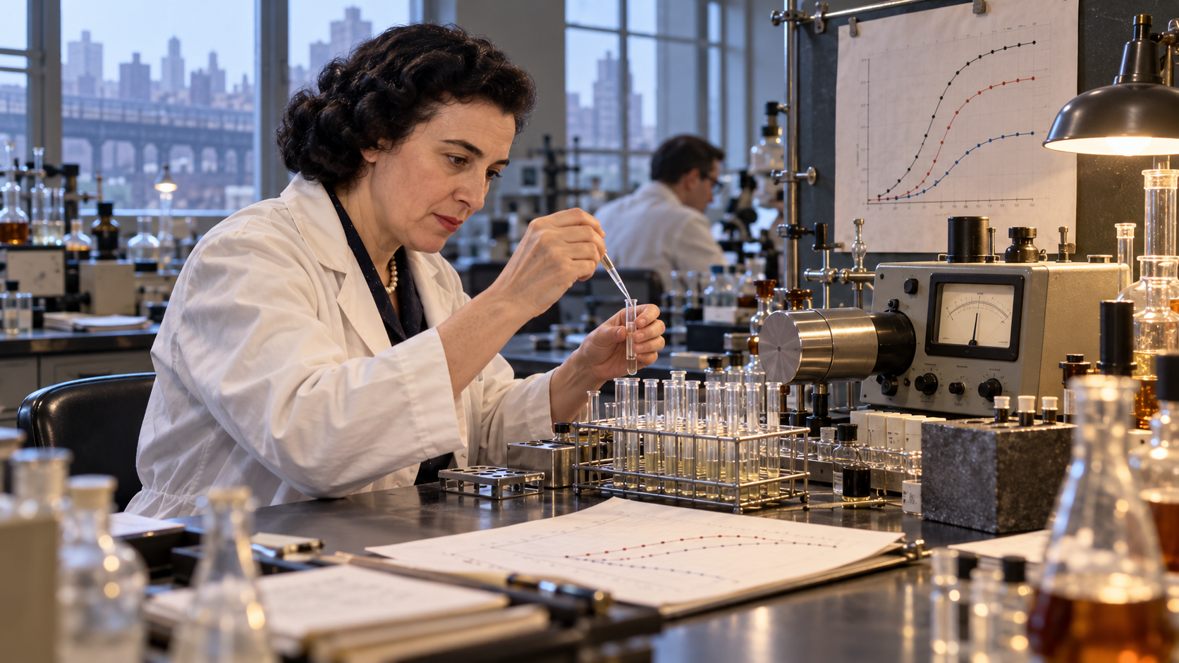 AI-generated reconstruction of Rosalyn Yalow conducting radioimmunoassay research in a mid-century Bronx laboratory; not an archival photograph.