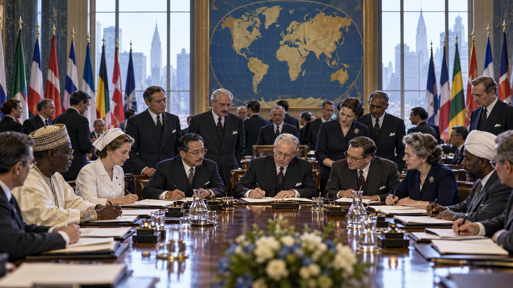 AI-generated reconstruction of international delegates adopting the World Health Organization Constitution in 1946; not an archival photograph.