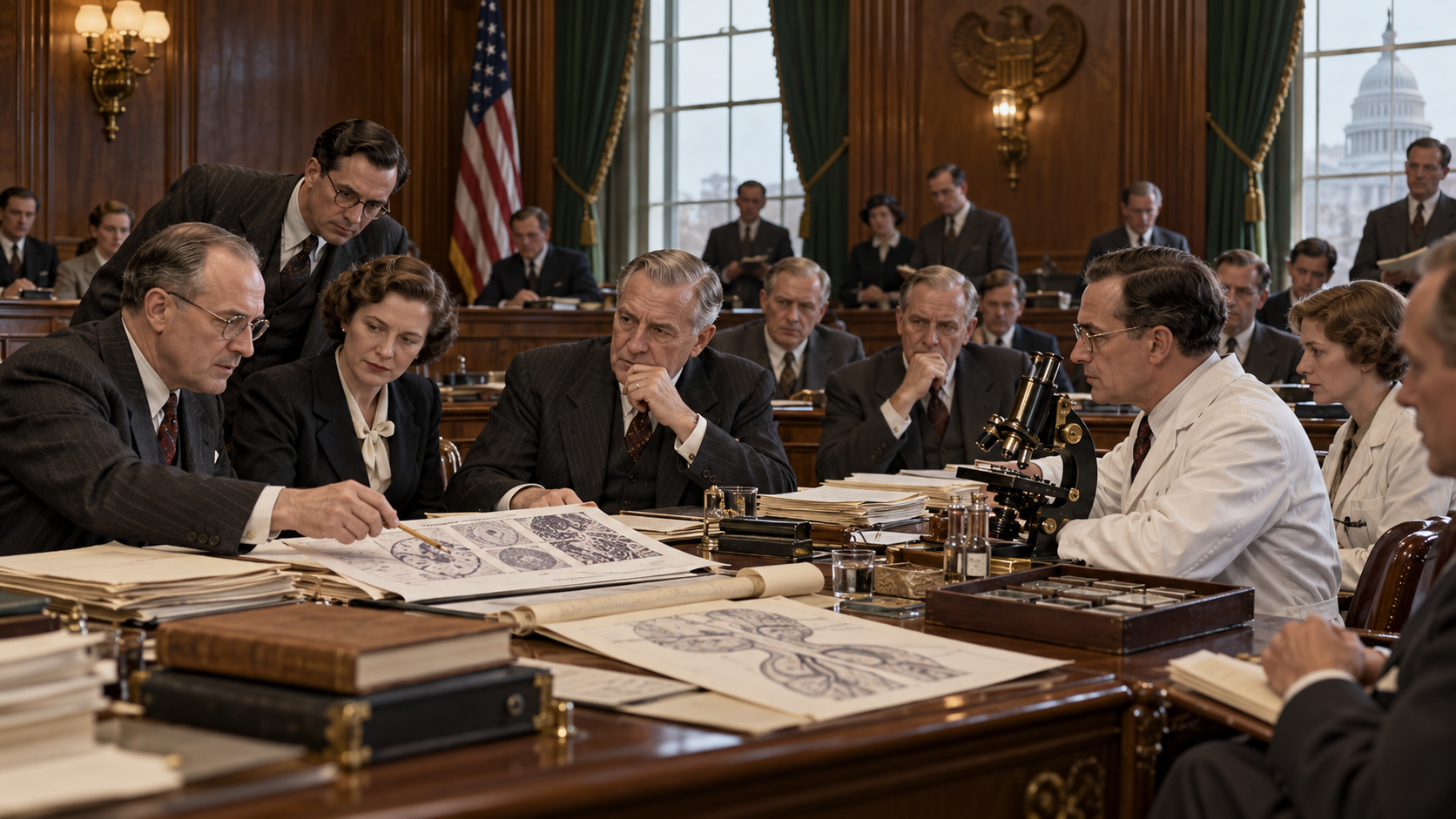 AI-generated reconstruction of 1937 lawmakers and medical researchers reviewing federal cancer research legislation; not an archival photograph.