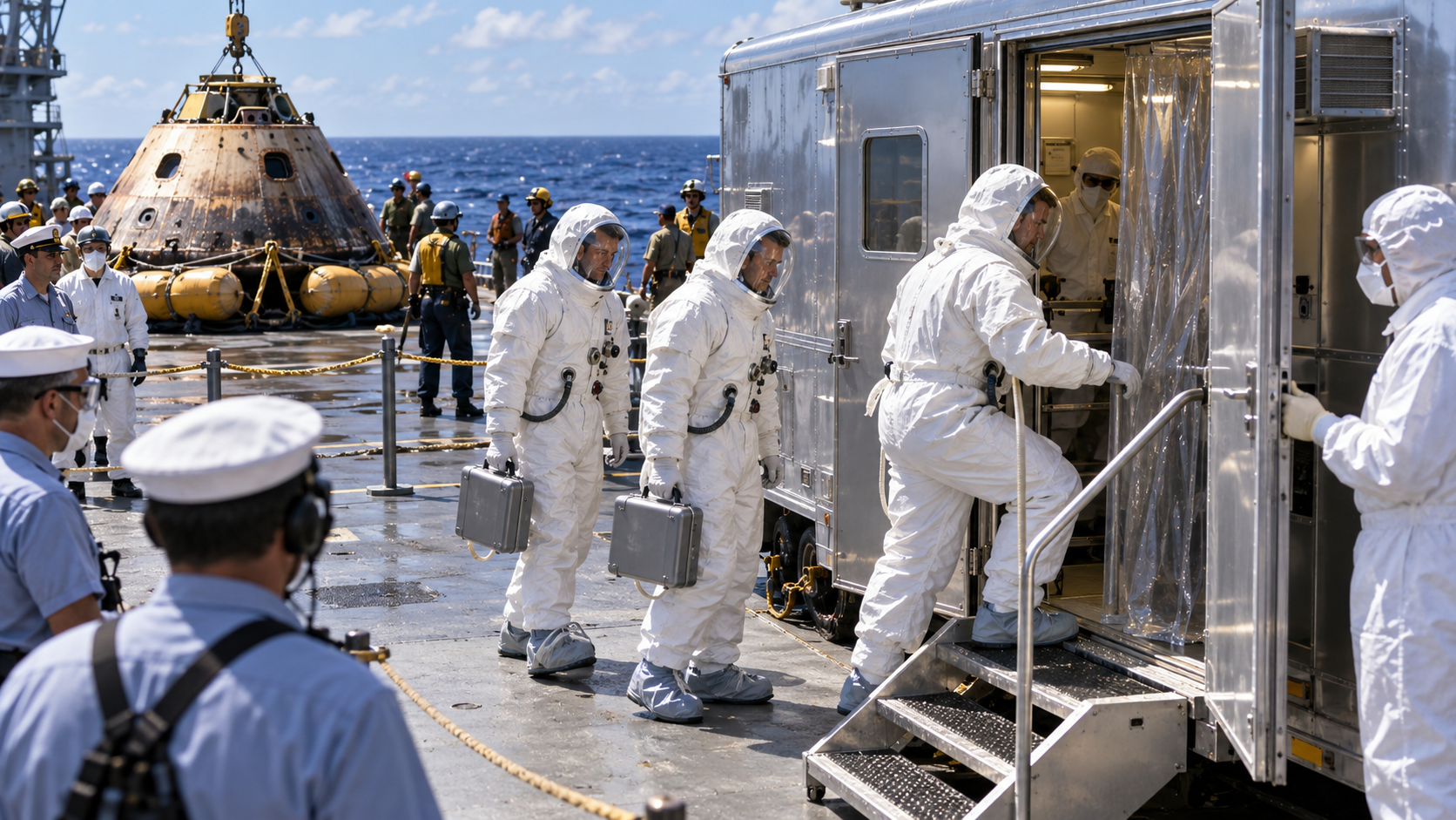 AI-generated reconstruction of the Apollo 11 crew entering a mobile quarantine facility after splashdown in 1969; not an archival photograph.