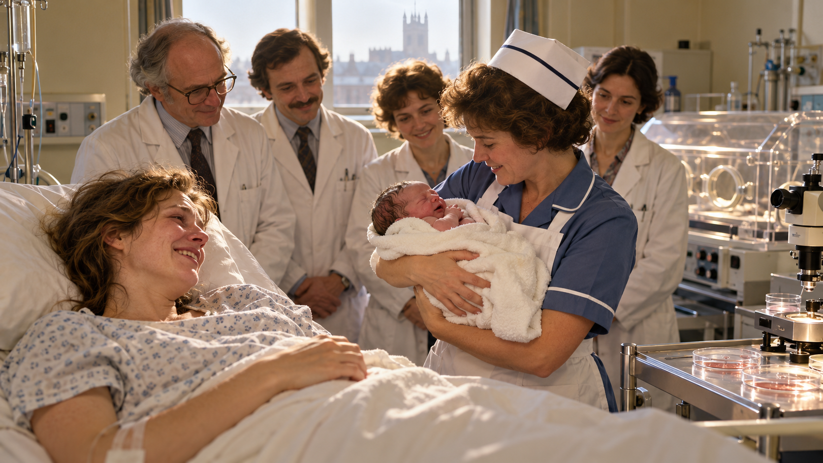 AI-generated reconstruction of a 1978 British maternity team caring for the first baby born through IVF; not an archival photograph.
