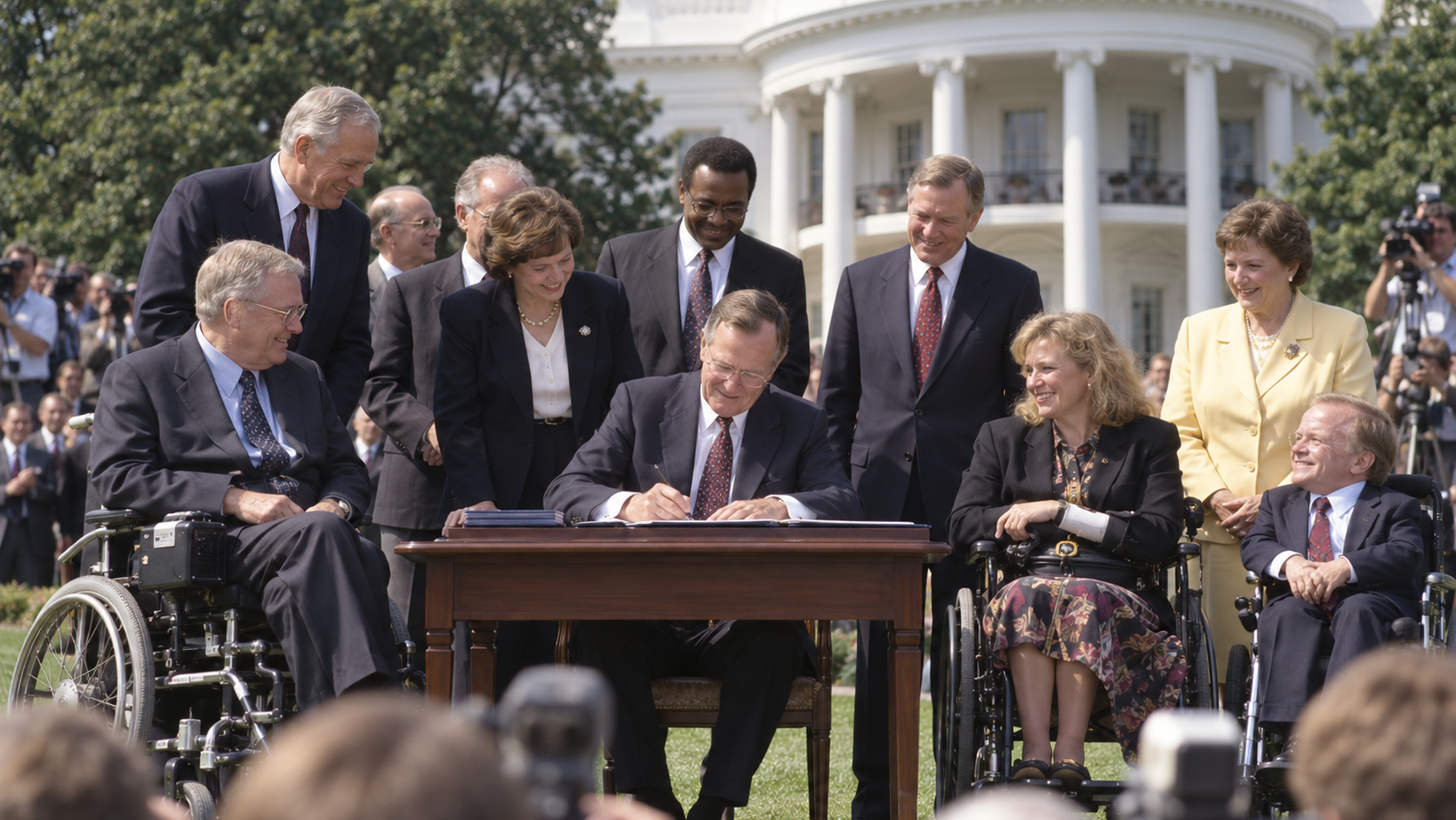 AI-generated reconstruction of the 1990 Americans with Disabilities Act signing ceremony on the White House South Lawn; not an archival photograph.