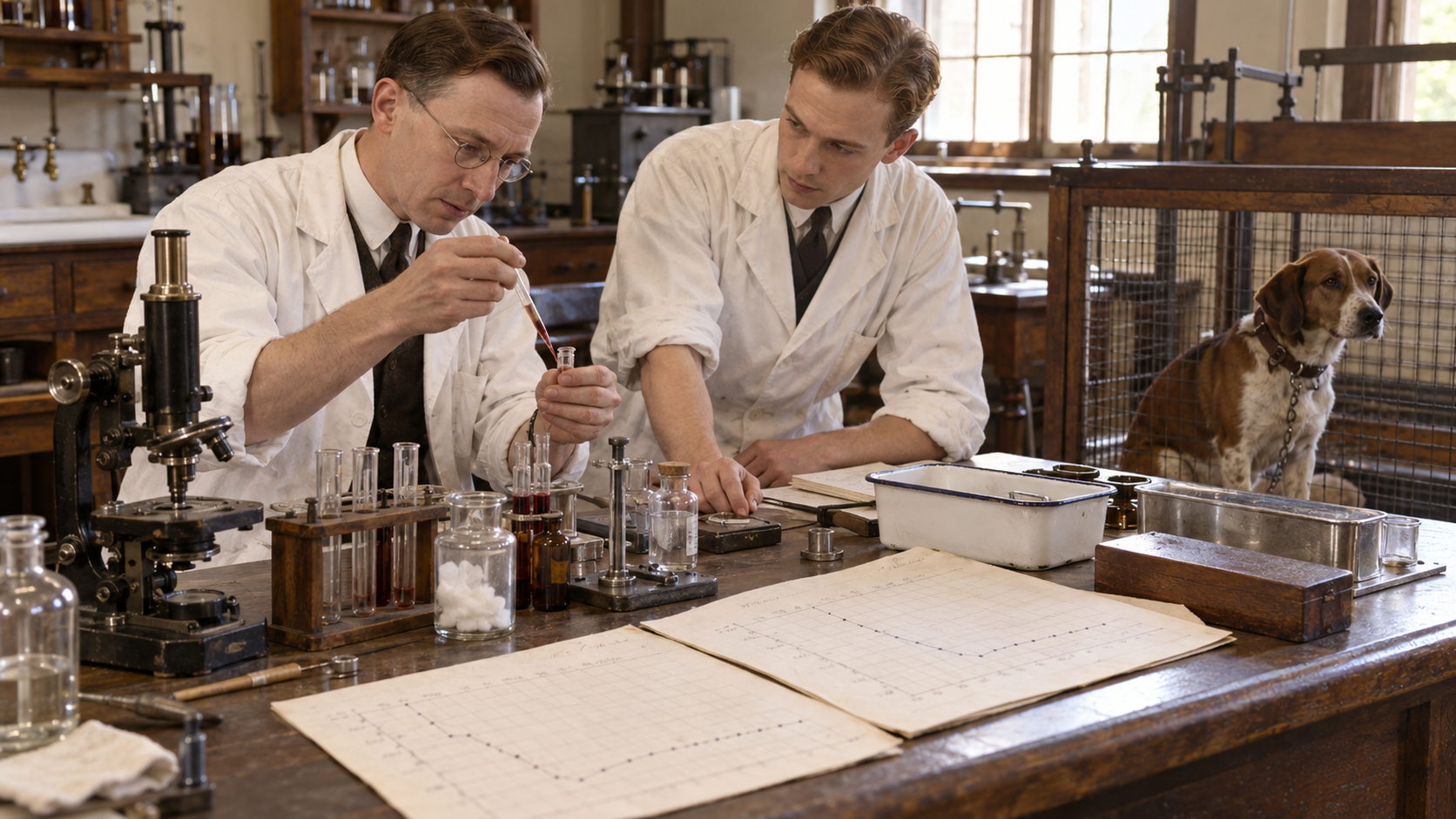 AI-generated reconstruction of Frederick Banting and Charles Best conducting a 1921 insulin experiment in a University of Toronto laboratory; not an archival photograph.