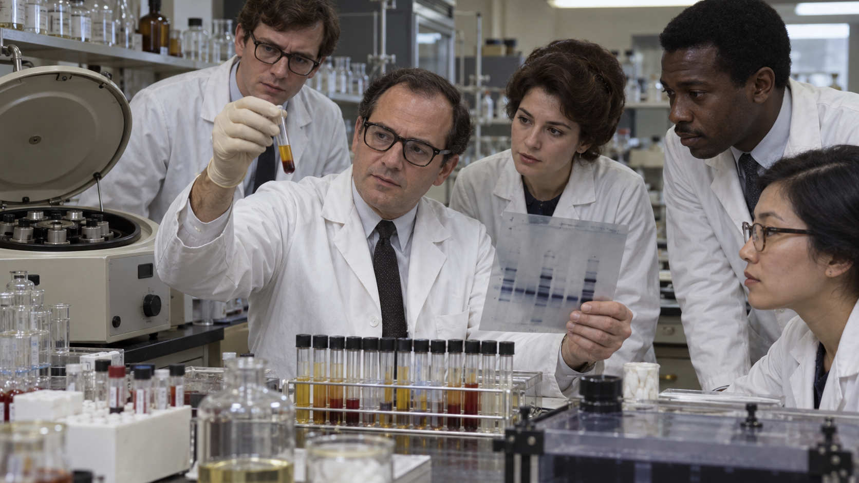 AI-generated reconstruction of Baruch Blumberg studying blood samples during hepatitis B research in a 1960s laboratory; not an archival photograph.