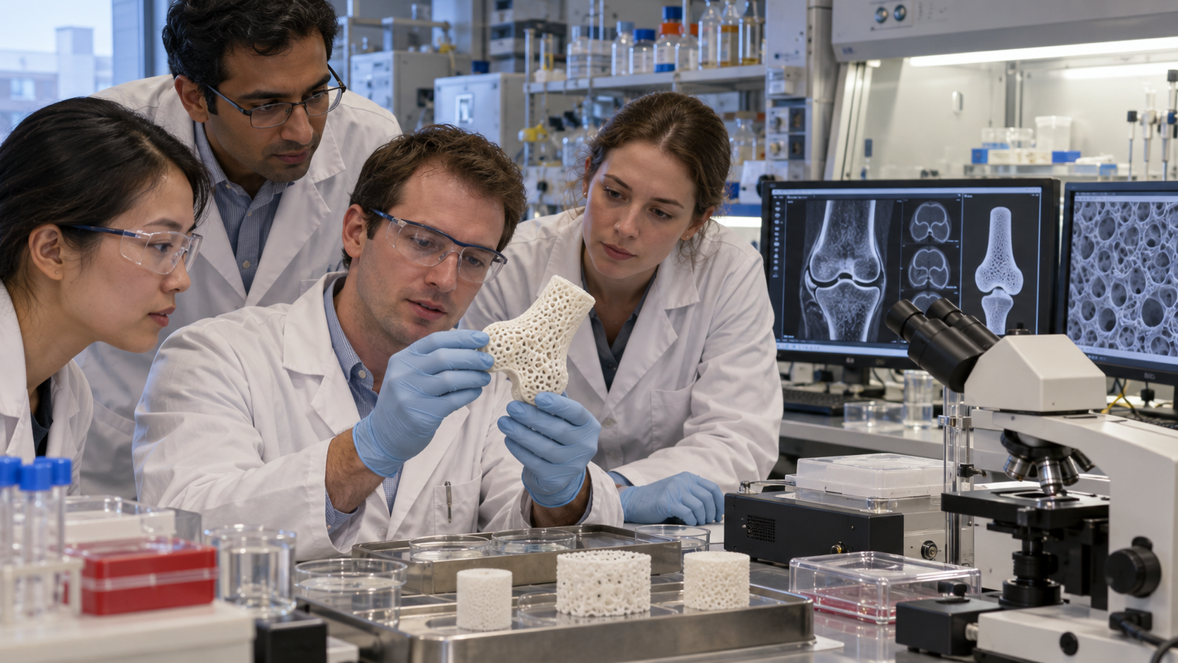 AI-generated reconstruction of a 2010 tissue-engineering team examining a biodegradable joint scaffold and medical scans; not an archival photograph.