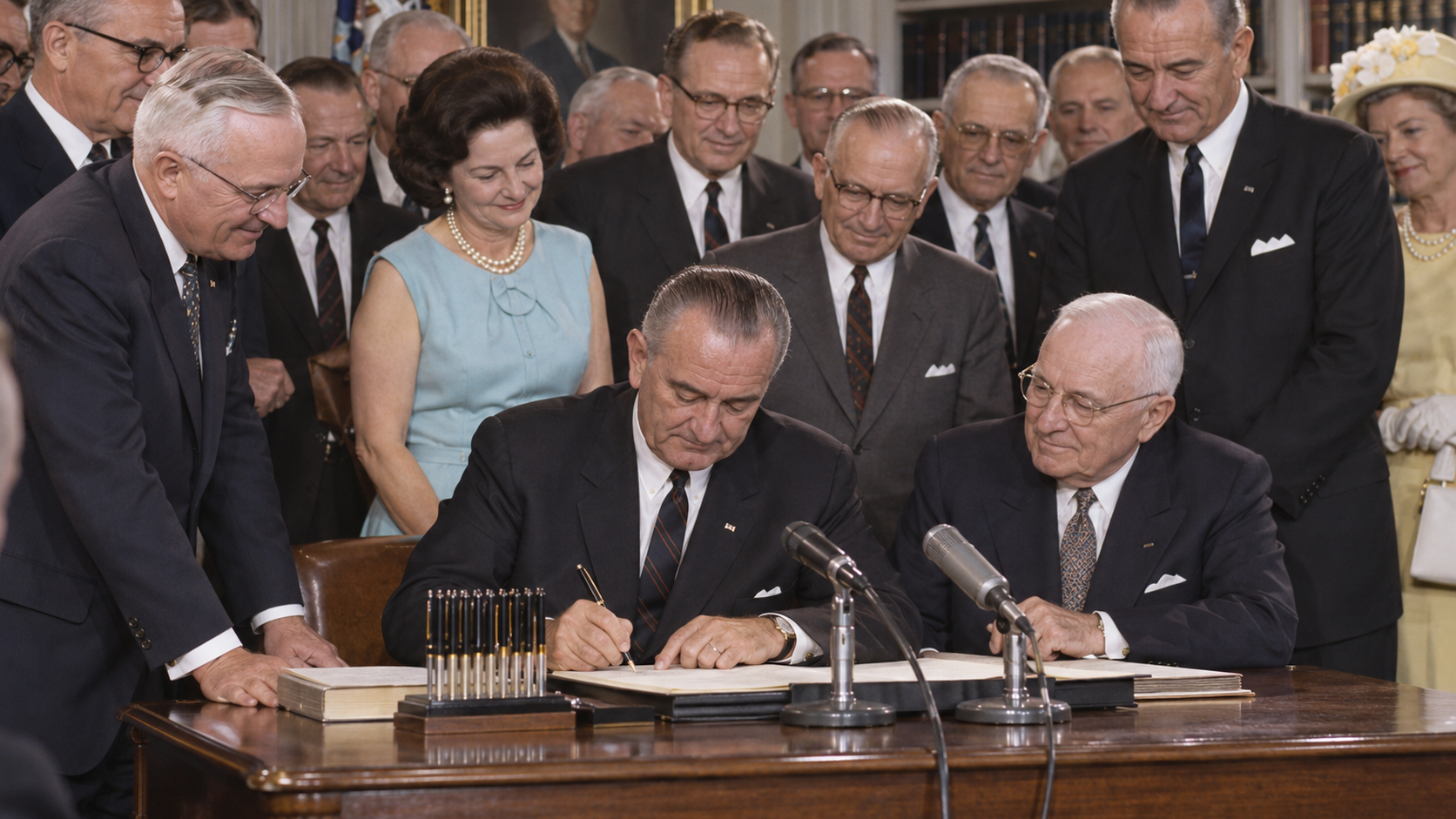 AI-generated reconstruction of President Lyndon B. Johnson signing Medicare legislation beside Harry Truman in 1965; not an archival photograph.