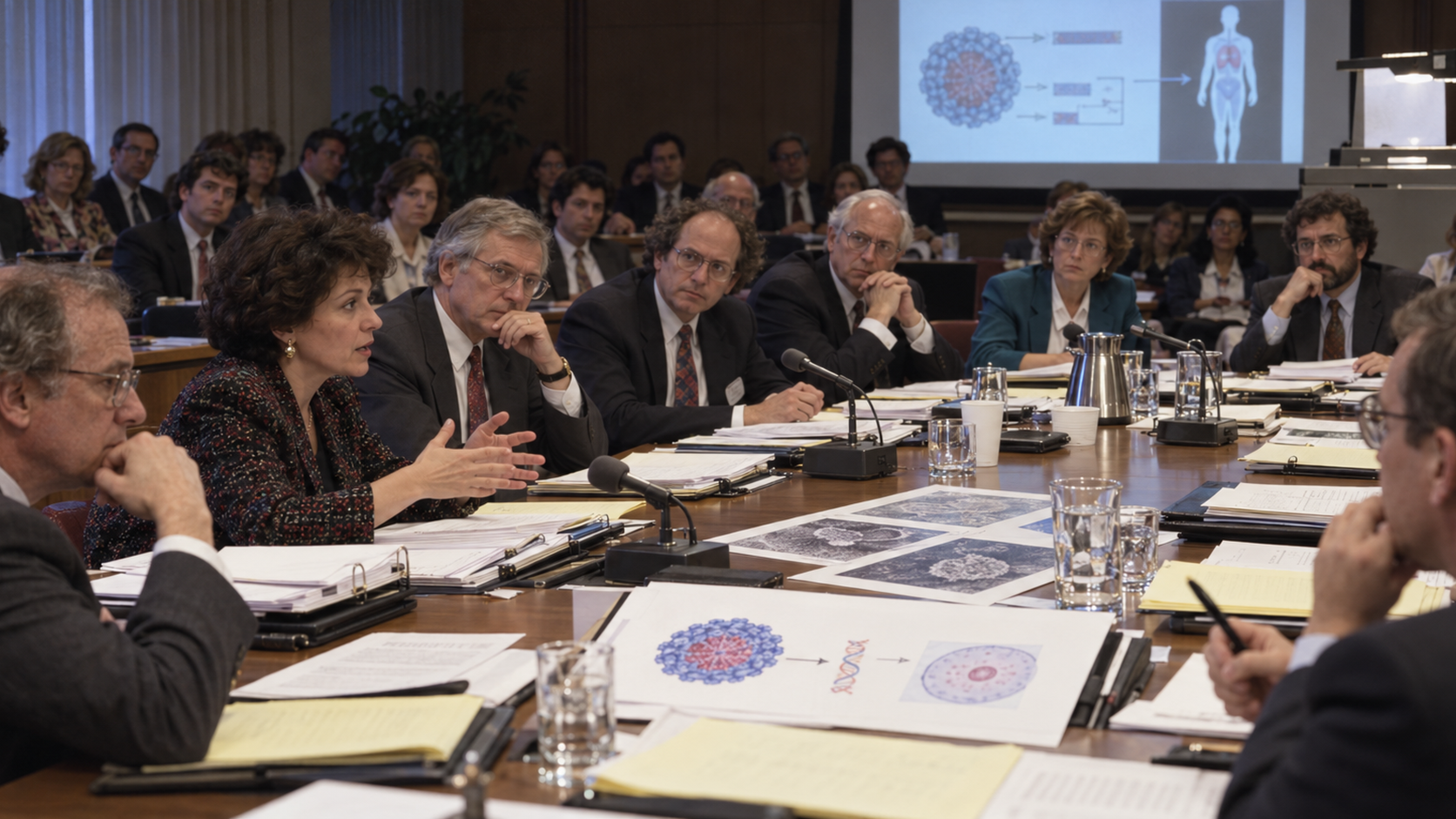 AI-generated reconstruction of an NIH advisory committee reviewing the first therapeutic human gene-transfer protocol in 1990; not an archival photograph.