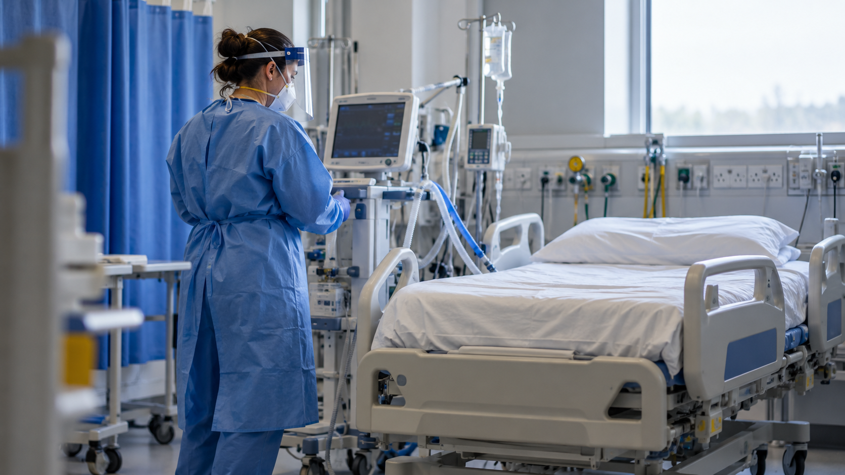 AI-generated reconstruction of a nurse beside a prepared British critical-care bed in 2020; not an archival photograph.