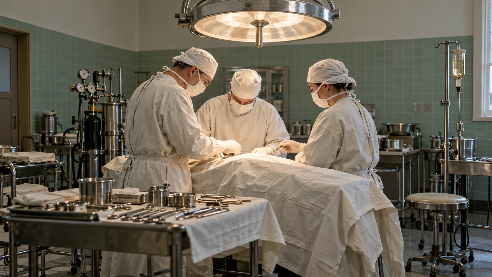 AI-generated reconstruction of a 1950-era operating theatre with anonymous clinicians; not the actual Tucker operation or an archival photograph.
