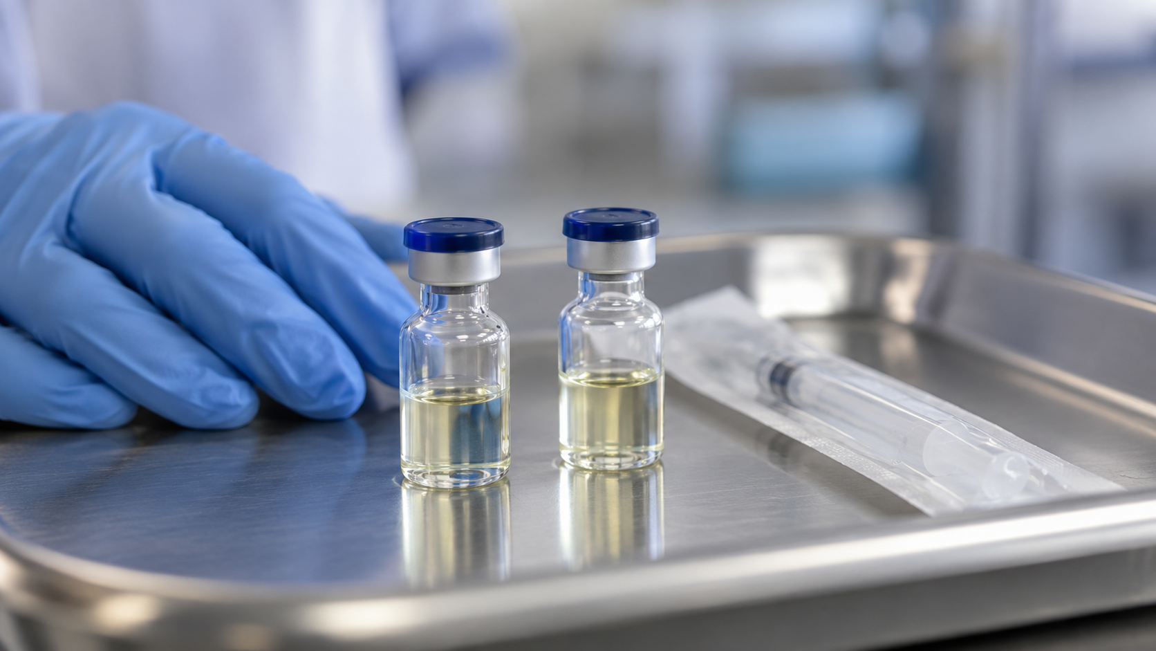 AI-generated reconstruction of two unbranded injection vials and clinical supplies representing long-acting HIV prevention; not an archival photograph.