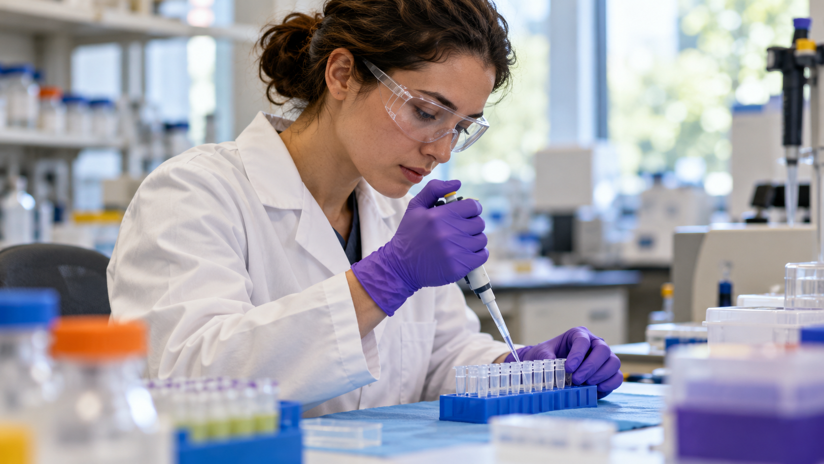 AI-generated reconstruction of an anonymous researcher pipetting samples in a biomedical laboratory; not an actual alkaptonuria experiment or archival photograph.