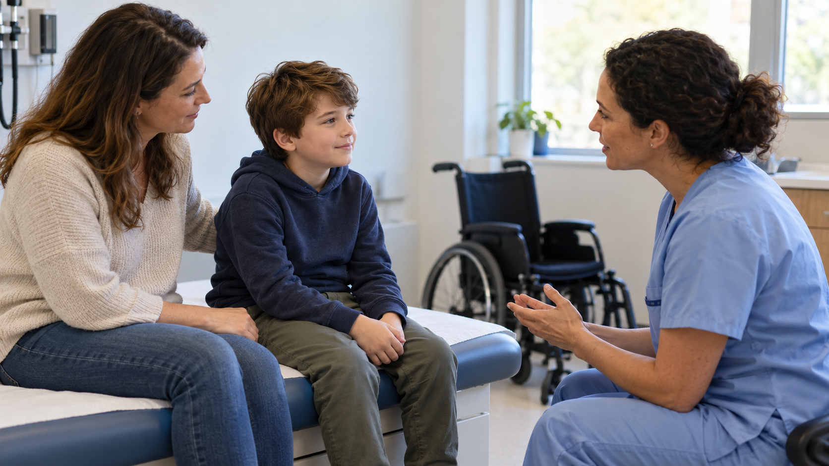 AI-generated reconstruction of an anonymous child, parent and clinician in a neuromuscular clinic; not an actual Elevidys treatment or archival photograph.