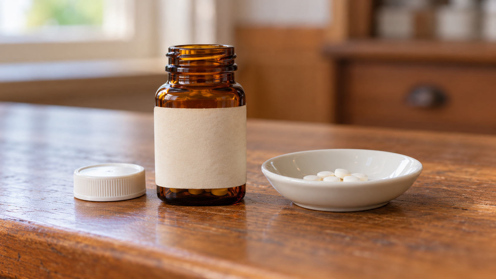 AI-generated reconstruction of a period amber tablet bottle and dispensing dish representing early oral contraception; not an authentic Enovid product photograph.