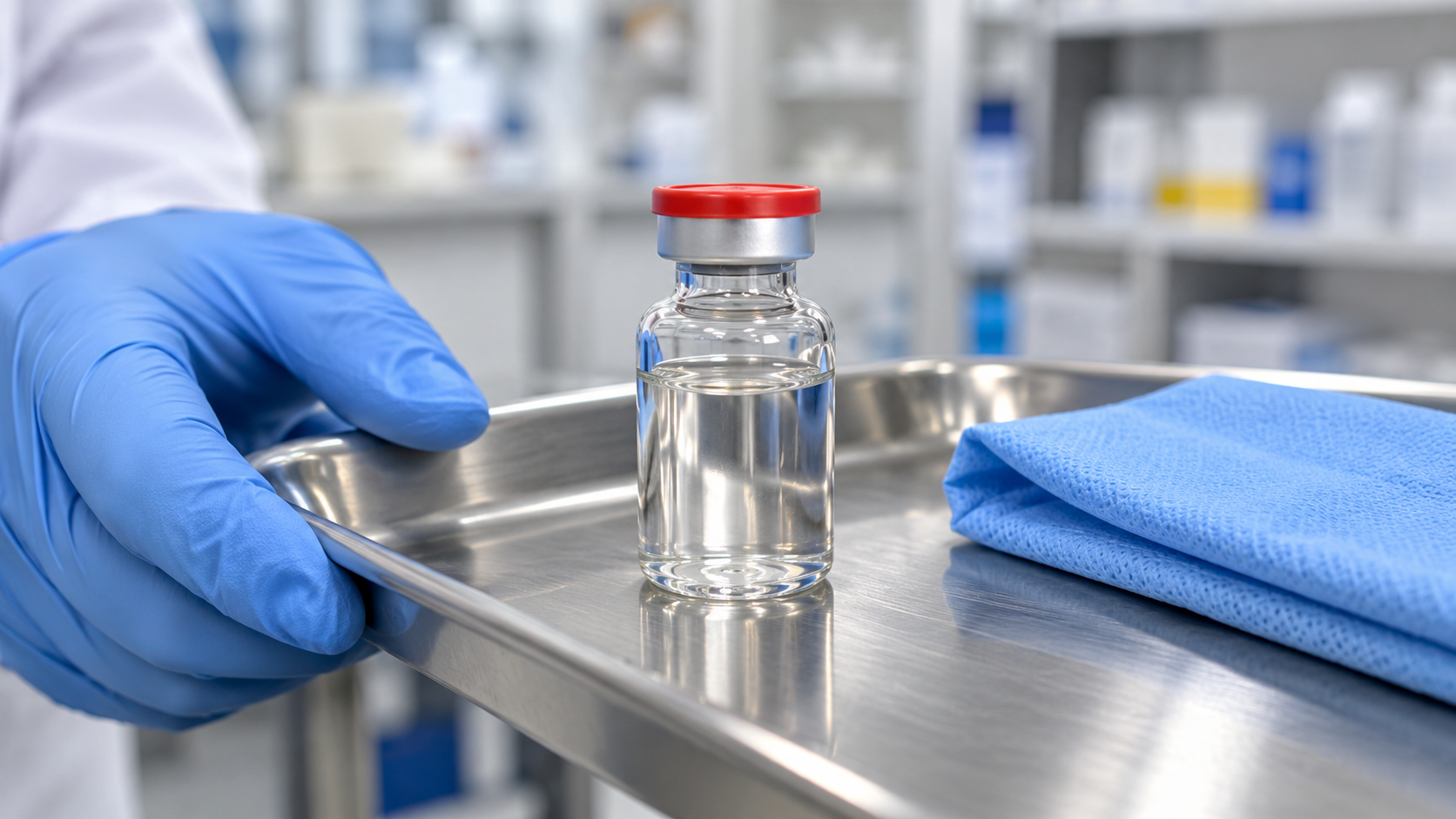 AI-generated reconstruction of an unbranded infusion vial on a hospital pharmacy tray representing tocilizumab treatment; not an archival product photograph.