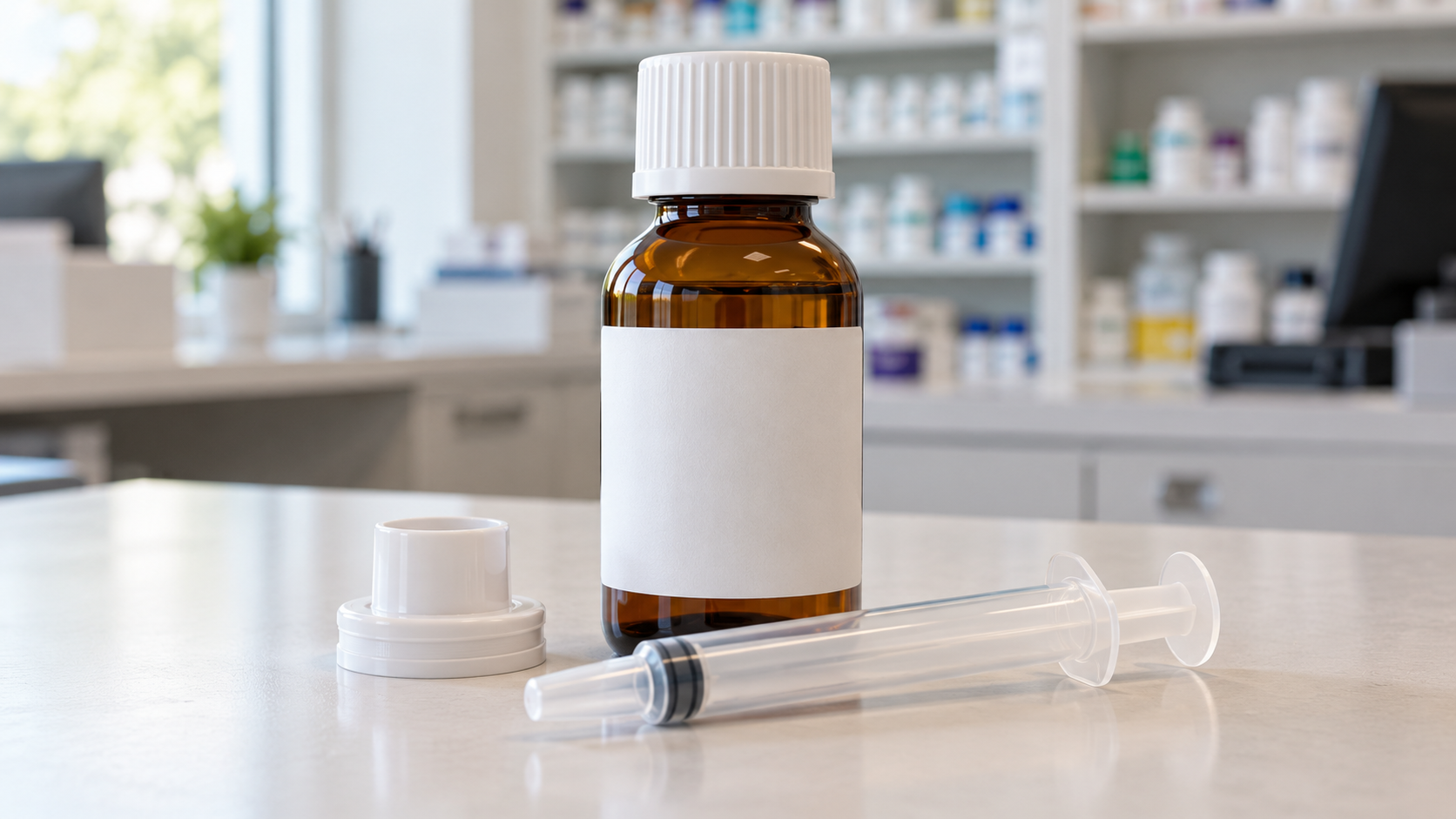 AI-generated reconstruction of an unbranded amber oral-medicine bottle and blunt dosing syringe representing purified cannabidiol treatment; not an archival photograph.