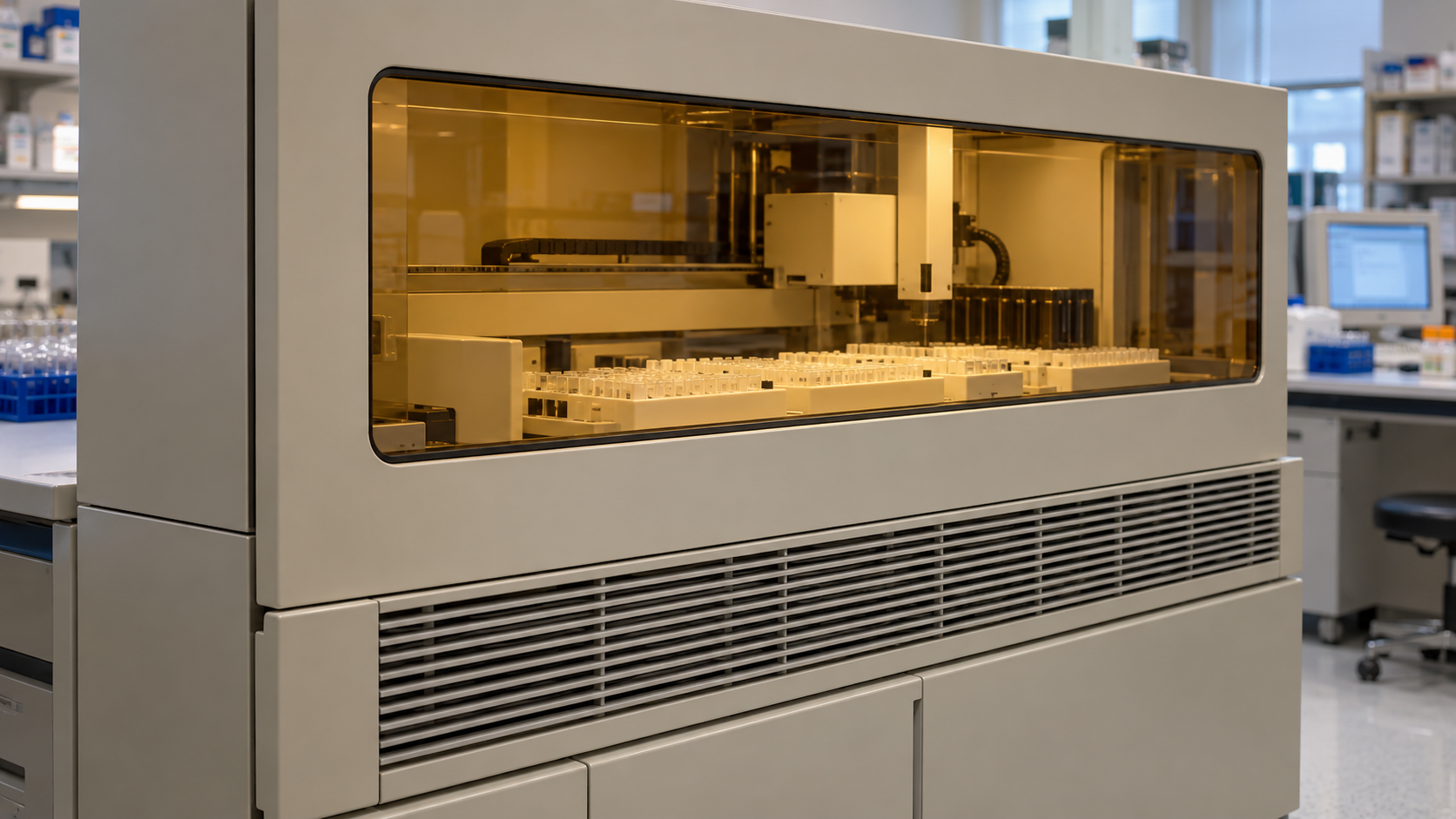 AI-generated reconstruction of a circa-2000 DNA sequencing instrument with an amber observation window; not an archival photograph.