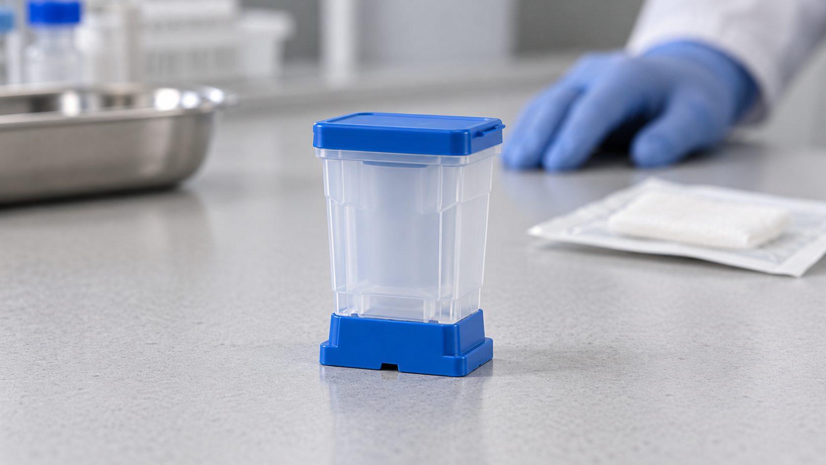 AI-generated representative reconstruction of an unbranded blue and clear molecular-test cartridge on a clinic counter; not an archival photograph.