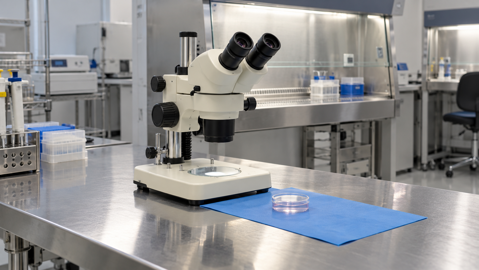 AI-generated reconstruction of a stereomicroscope and culture dish in a representative islet laboratory; not an archival photograph or an actual CellTrans facility.