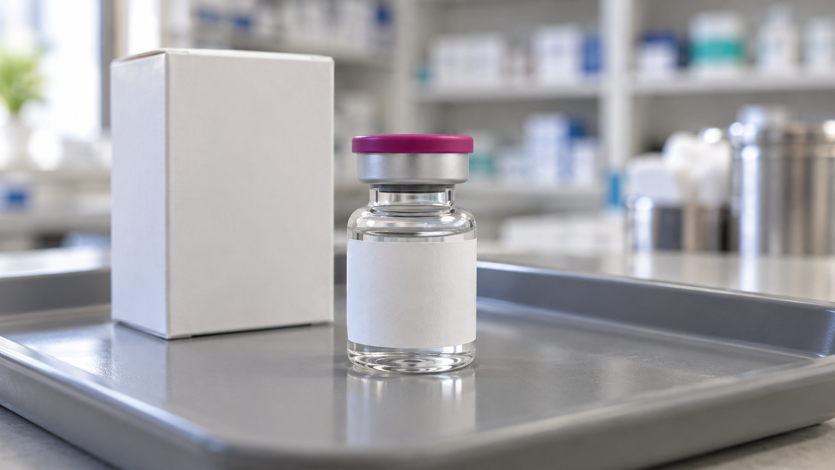 AI-generated representative reconstruction of a magenta-capped gene-therapy vial and plain carton; not an archival photograph or actual product photograph.