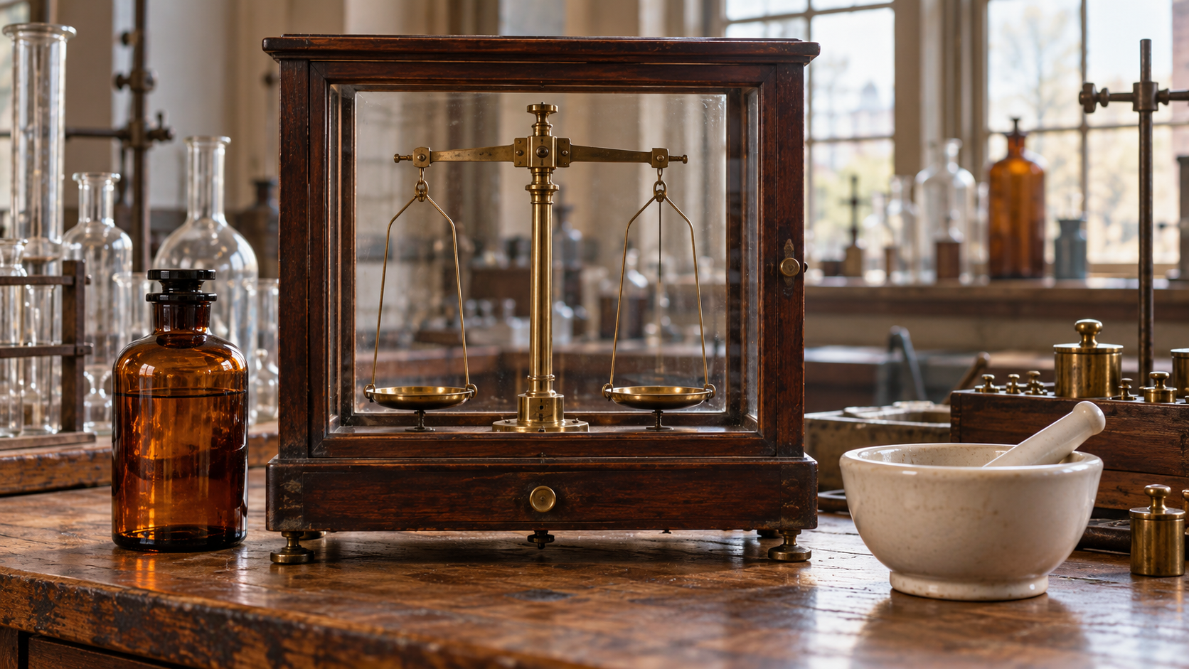 AI-generated reconstruction of a circa-1906 analytical balance, reagent bottle, and mortar on a chemistry bench; not an archival photograph or an exact Wiley laboratory.
