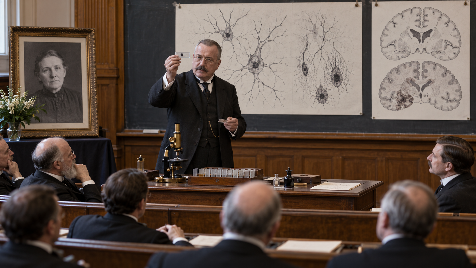 Alois Alzheimer presenting the case of Auguste Deter at a 1906 medical meeting