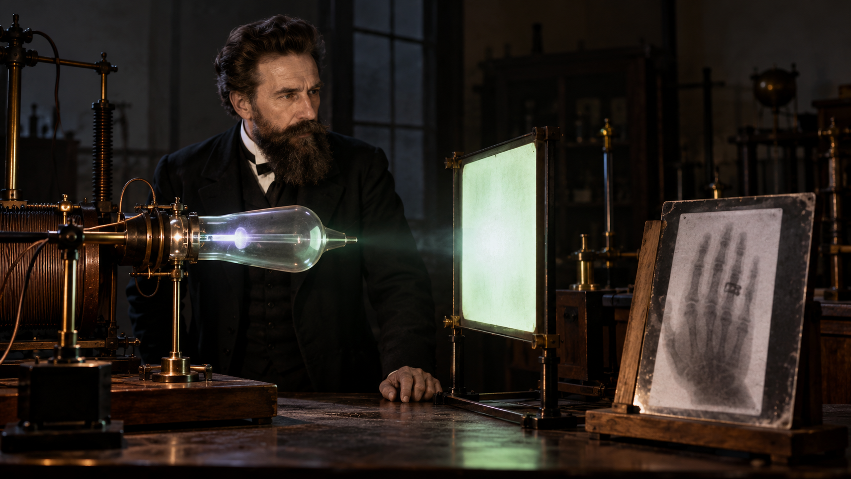 Wilhelm Rontgen experimenting with cathode rays in Wurzburg in 1895