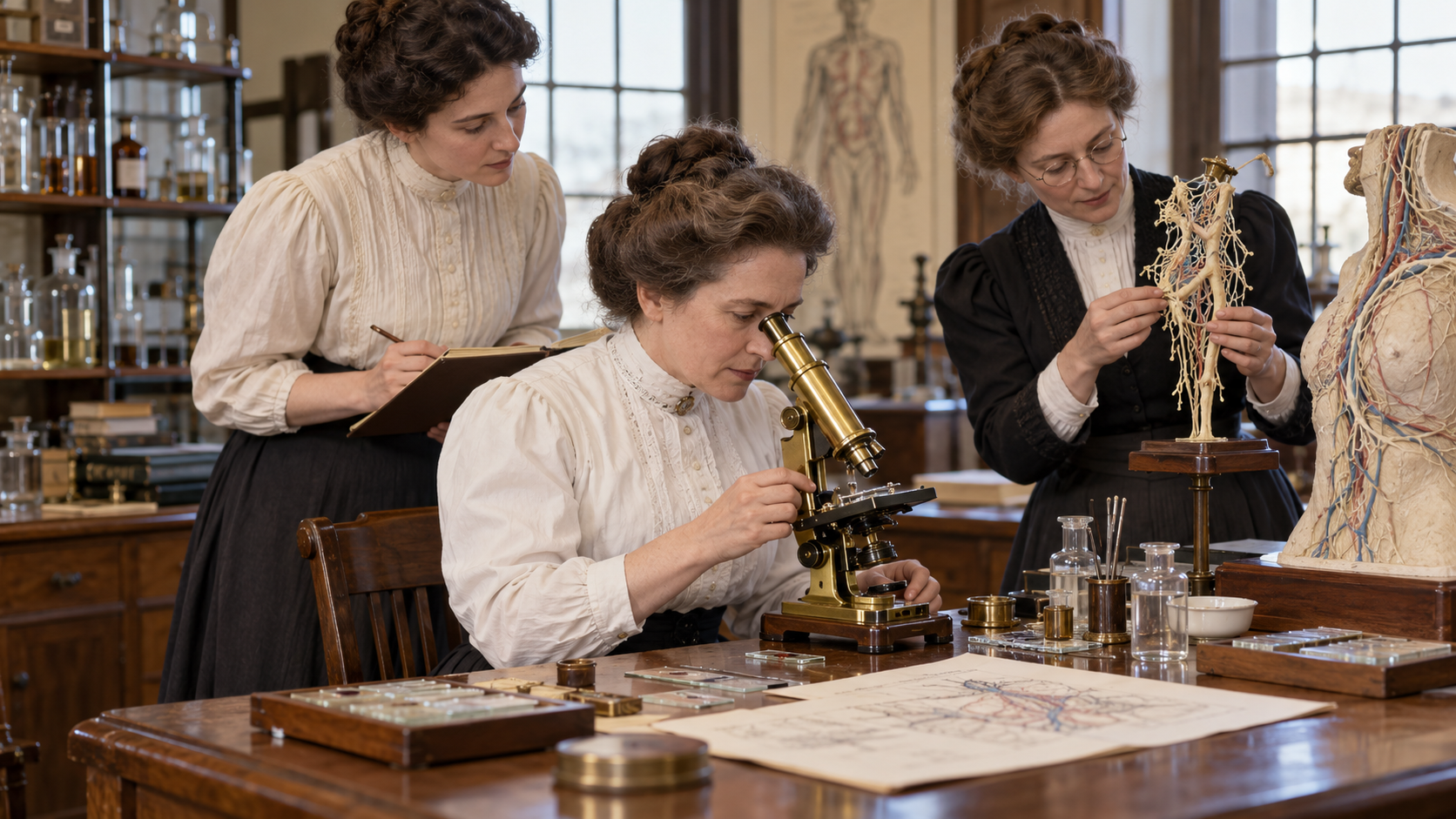 Florence Sabin working at a microscope in an early twentieth-century laboratory