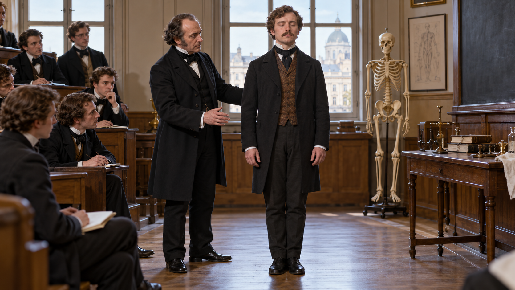 Moritz Romberg examining a patient's balance in nineteenth-century Berlin