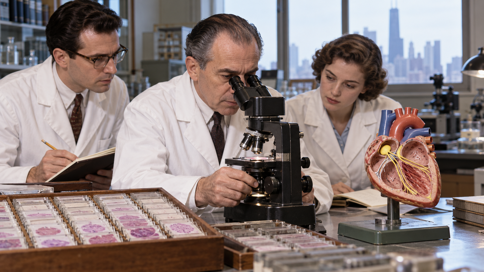 Maurice Lev examining the cardiac conduction system in a pathology laboratory