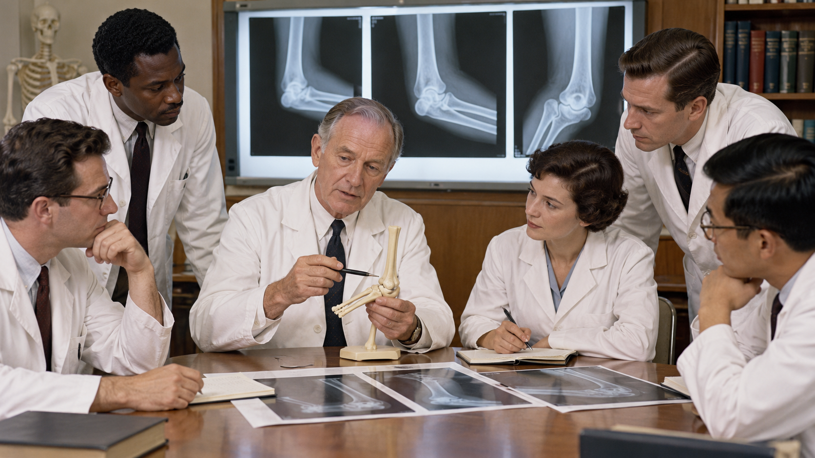 John Gartland reviewing pediatric elbow radiographs with an orthopaedic team
