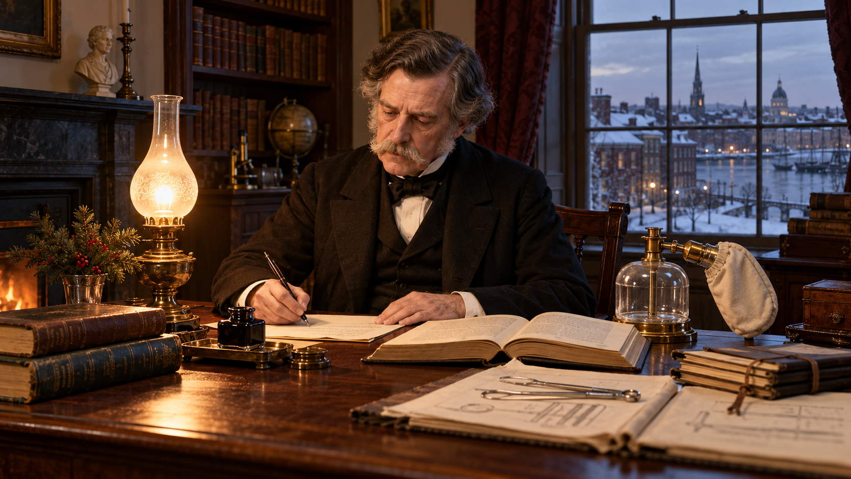 Oliver Wendell Holmes writing his anesthesia letter in 1846 Boston
