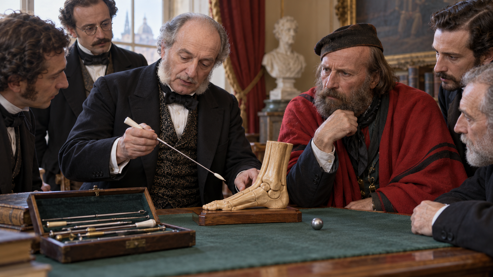 Auguste Nelaton using his porcelain-tipped probe during Garibaldi's 1862 examination