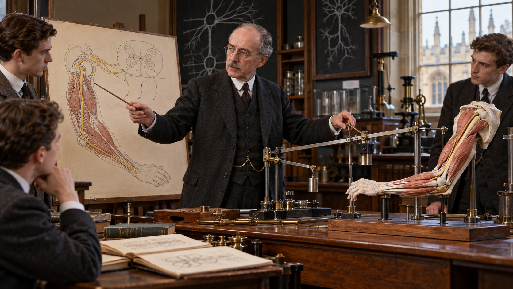 Charles Sherrington conducting reflex physiology experiments in an early laboratory