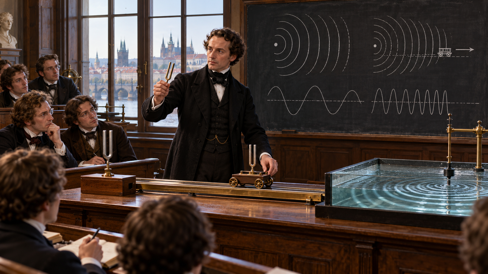 Christian Doppler demonstrating wave motion in a nineteenth-century Prague classroom
