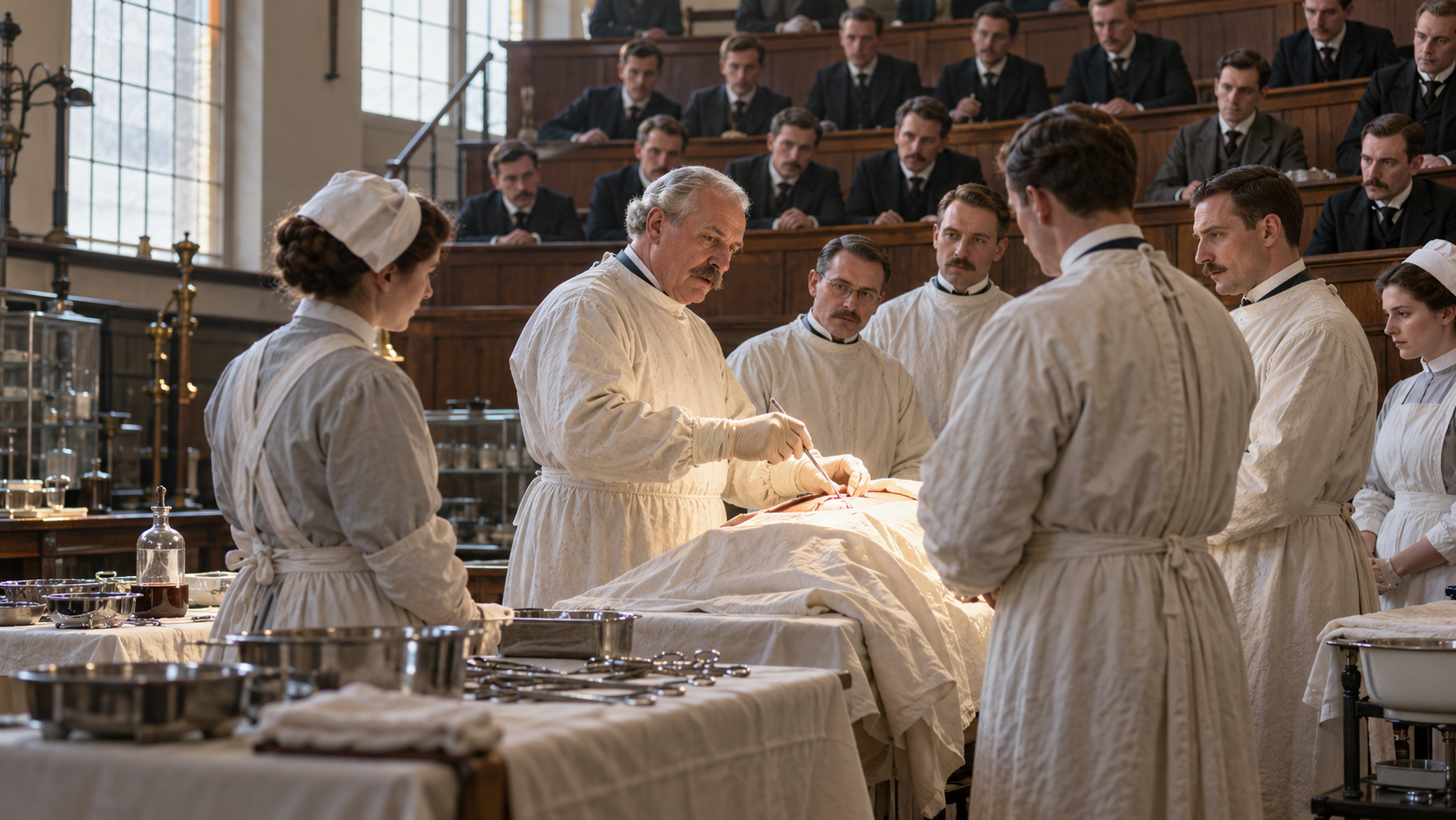 Berkeley Moynihan teaching abdominal surgery in an early twentieth-century operating theatre