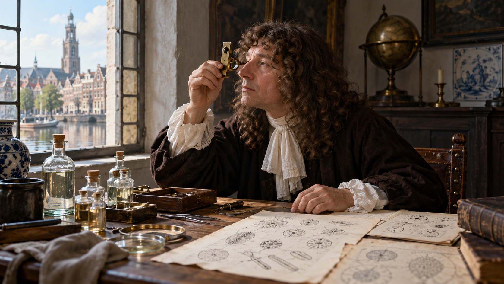Antonie van Leeuwenhoek observing microorganisms through a single-lens microscope