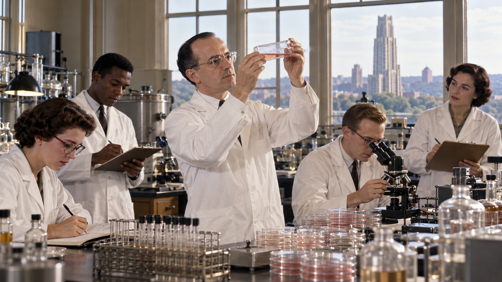 Jonas Salk working with vaccine cultures in a 1950s Pittsburgh laboratory