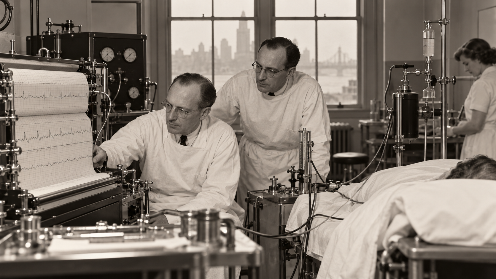Dickinson Richards and colleagues conducting cardiac catheterization research in a 1940s laboratory