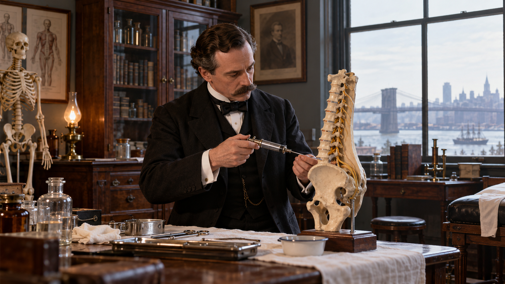 James Leonard Corning conducting an early neuraxial anesthesia experiment in 1885 New York