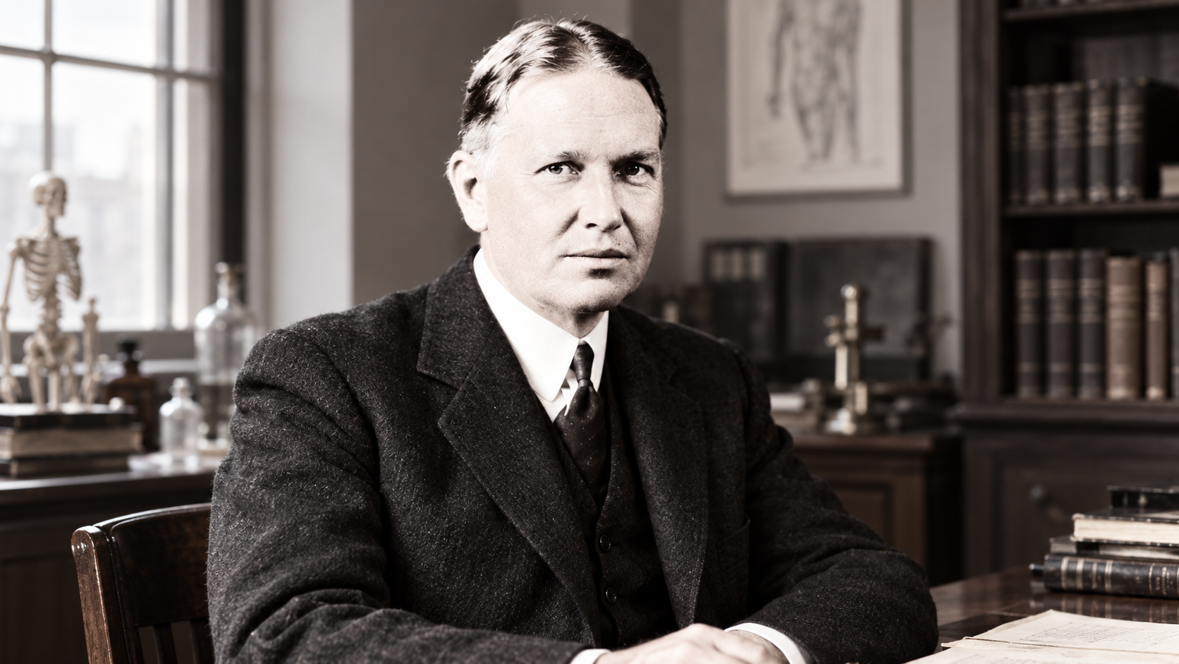 AI-generated realistic portrait of Francis Weld Peabody in a 1920s medical study.