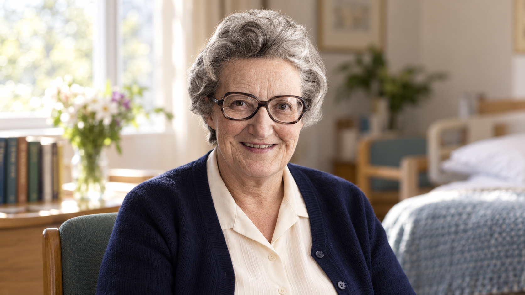 AI-generated realistic portrait of Cicely Saunders in a sunlit hospice consultation room.