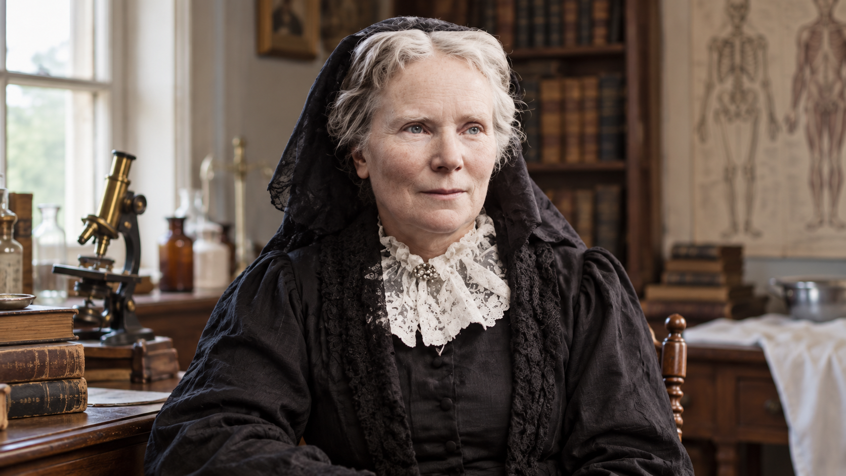 AI-generated realistic portrait of Elizabeth Blackwell in a Victorian medical study.