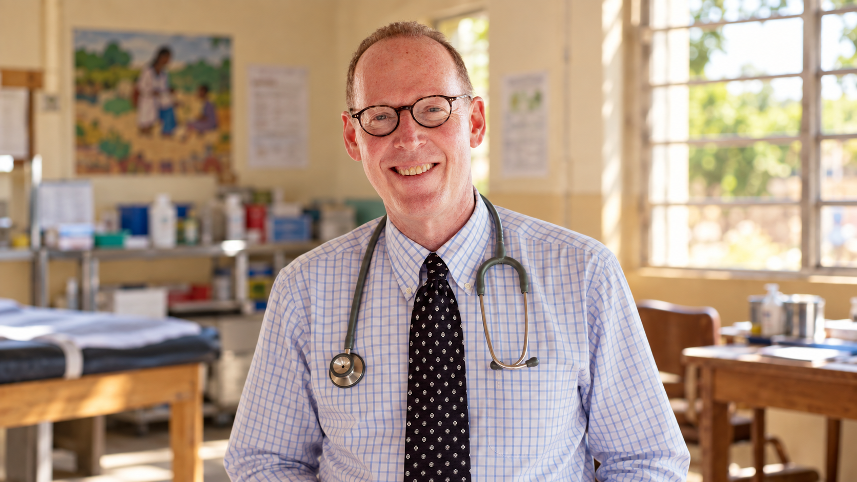 AI-generated realistic portrait of Paul Farmer in a sunlit community clinic.
