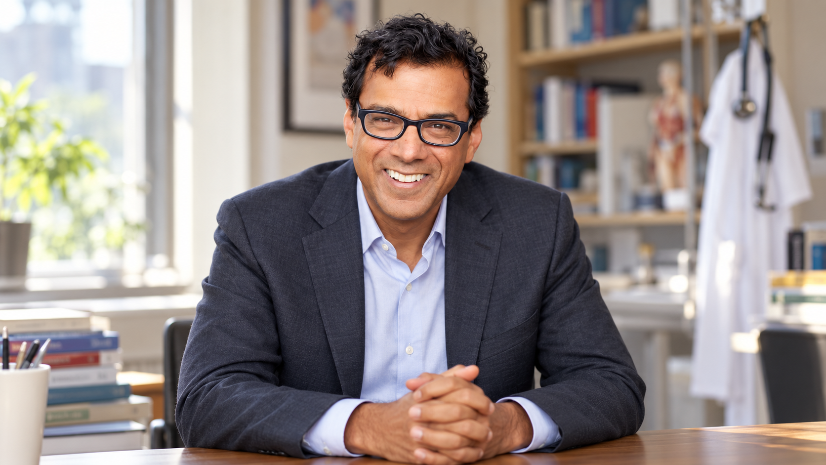 AI-generated realistic portrait of Atul Gawande in a modern clinical consultation room.