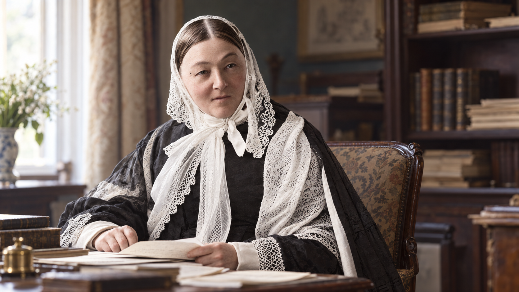 AI-generated realistic portrait of Florence Nightingale in a Victorian study.