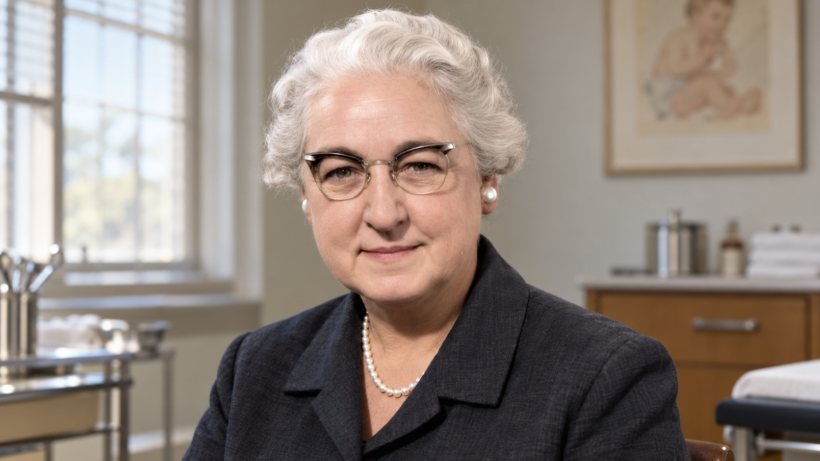 AI-generated realistic portrait of Virginia Apgar in a mid-century clinical office.